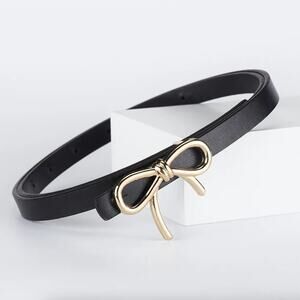2/$30 Bow Belt NEW Black 27"-35" Gold Bow Adjustable Vegan Leather 40" Total